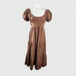 NEW Sim & Sam Brown Linen Blend Maxi Dress Medium Milk Maid Puff Sleeves Tiered